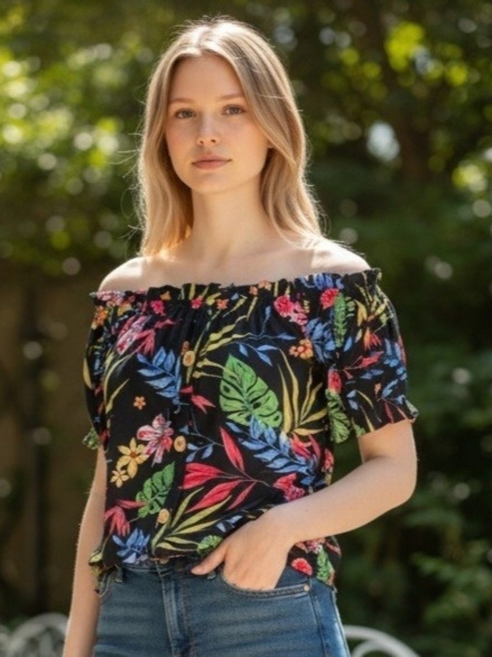 Off-Shoulder Black Tropical Floral Blouse